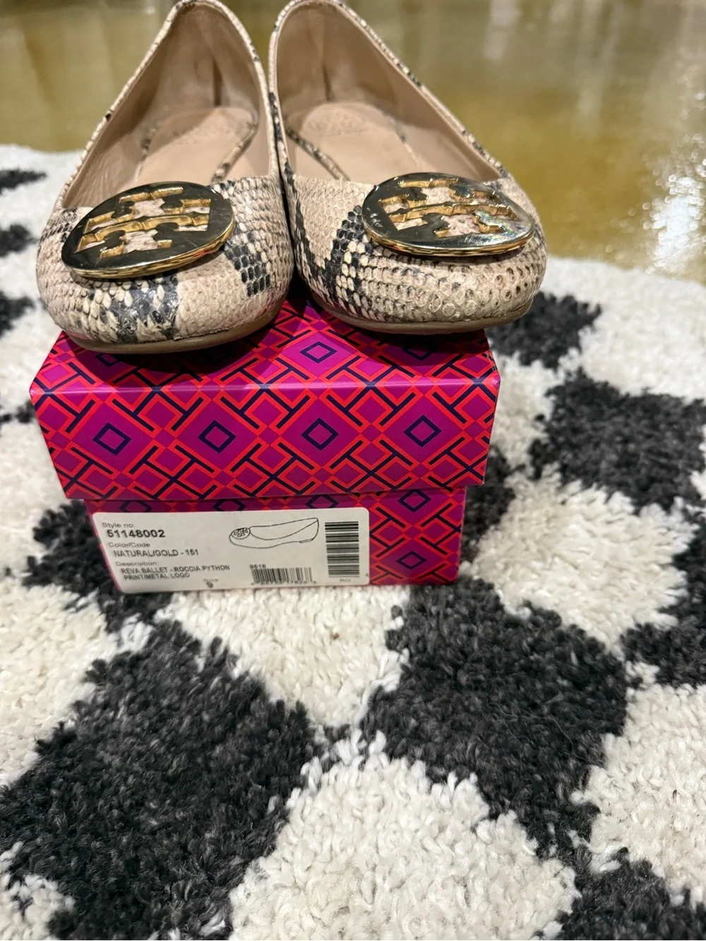 Tory Burch Neutral Snake-Print Reva Flats with Gold Medallion
